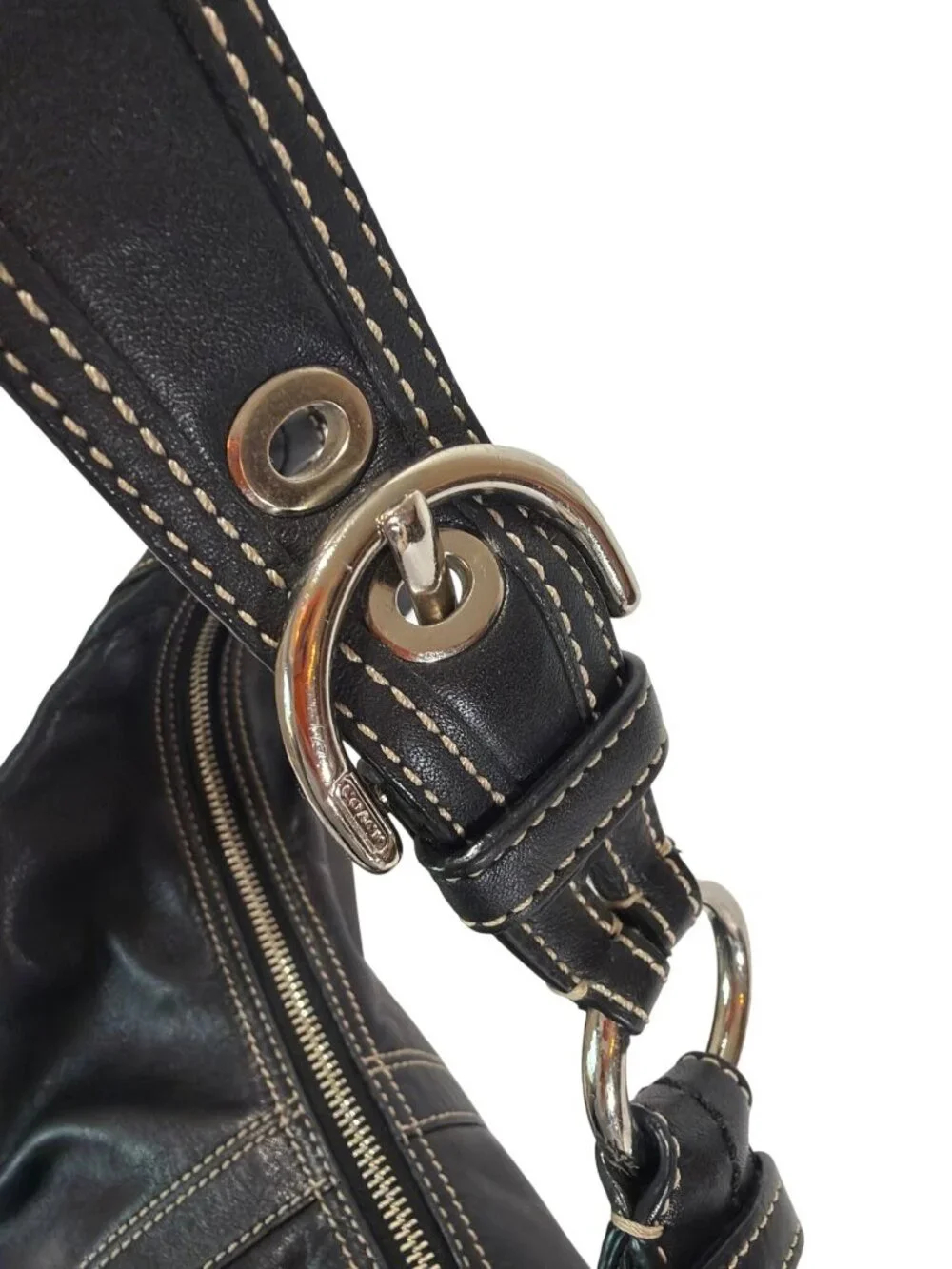 Coach Vintage Y2K Black Leather Soho Hobo Crescent Bag With White Contrast Stitc